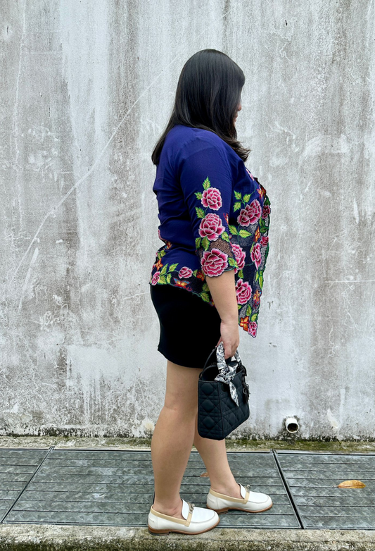 Kebaya Top in Deep Blue with Peonies Embroidery