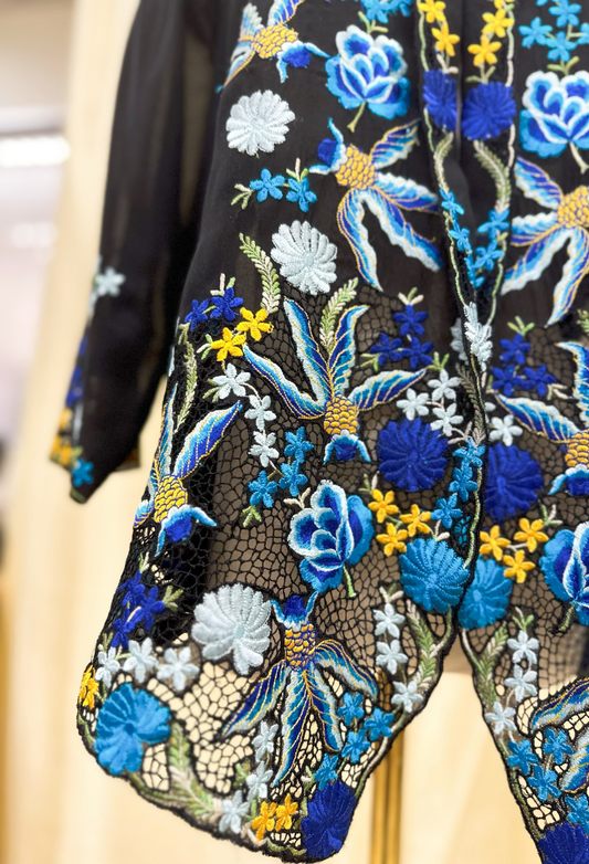 Kebaya Top with Blue Goldfish Embroidery