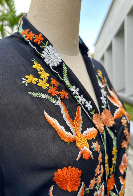 Kebaya Top with Orange Goldfish Embroidery