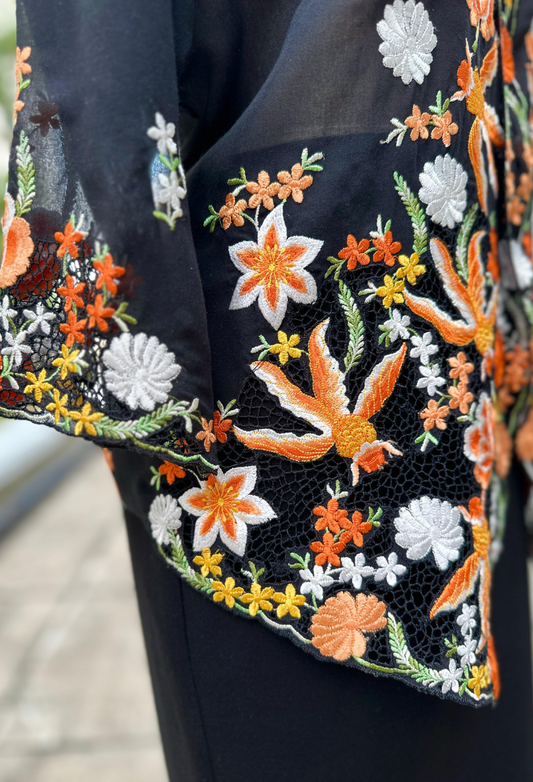 Kebaya Top with Orange Goldfish Embroidery