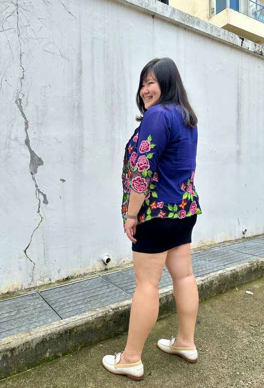 Kebaya Top in Deep Blue with Peonies Embroidery