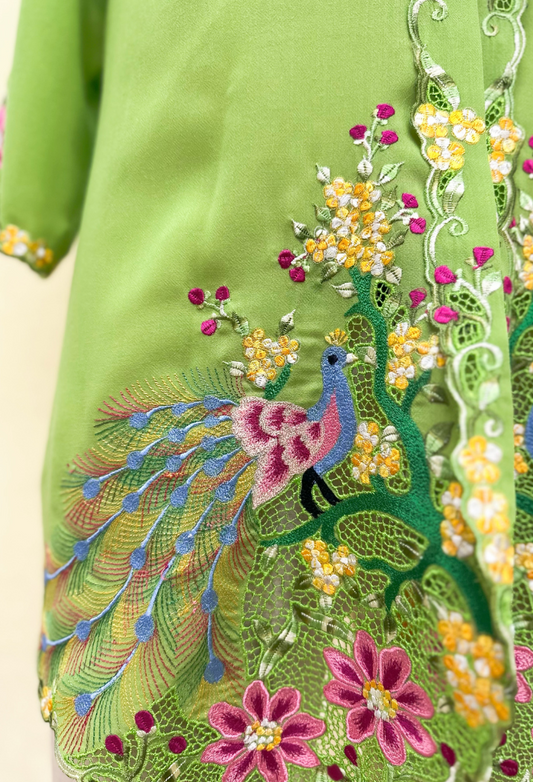 Kebaya Top in Green with Peacock Embroidery