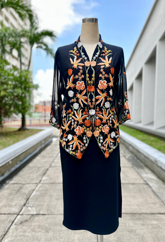 Kebaya Top with Orange Goldfish Embroidery