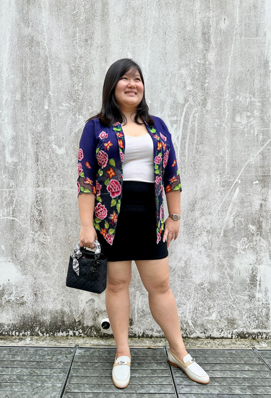 Kebaya Top in Deep Blue with Peonies Embroidery