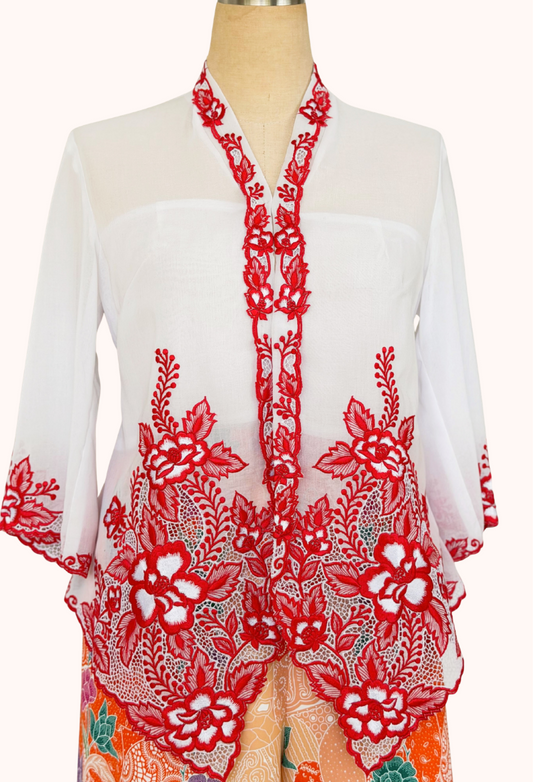 Kebaya top in white with red embroidery