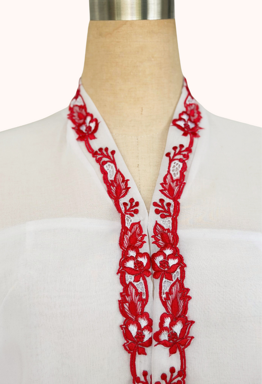 Kebaya top in white with red embroidery